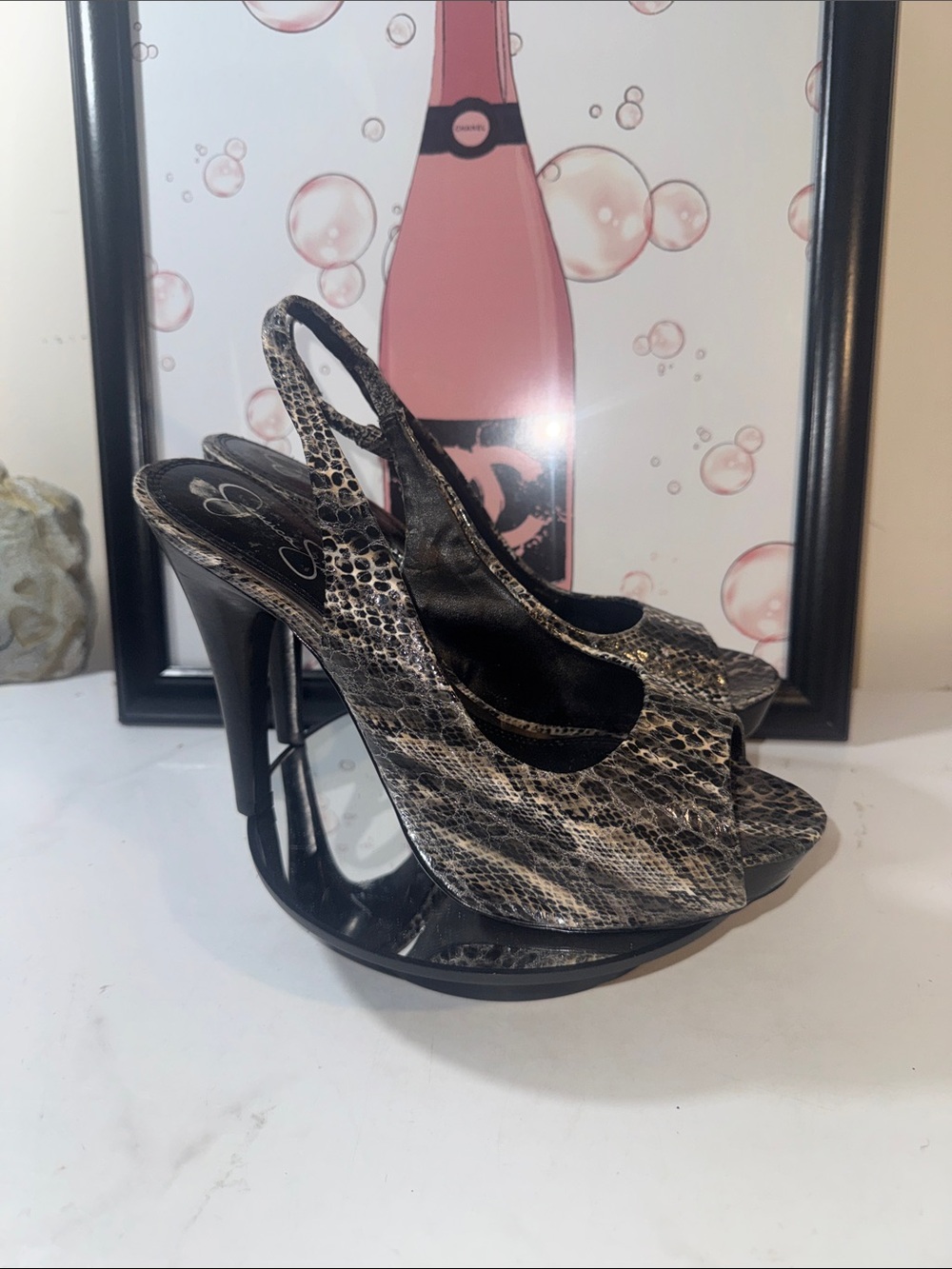 Jessica Simpson Agyness Snake-Print Slingback Peep-Toe Heels - Women’s Size 9.5B
